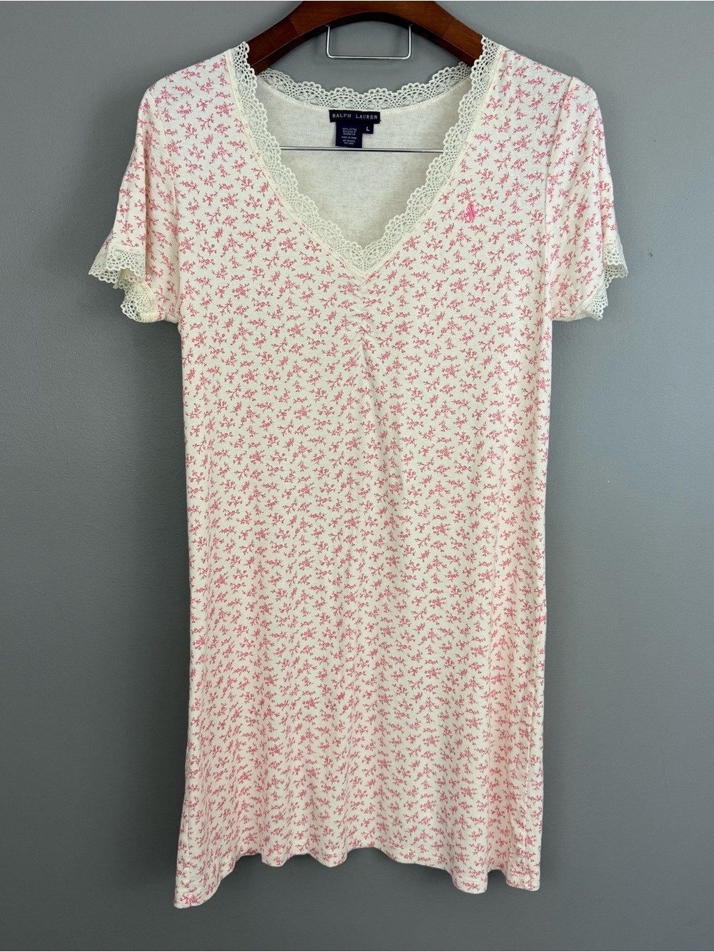 Ralph Lauren 100% Cotton Pink Floral Lace Trim V-Neck Nightgown Dress L